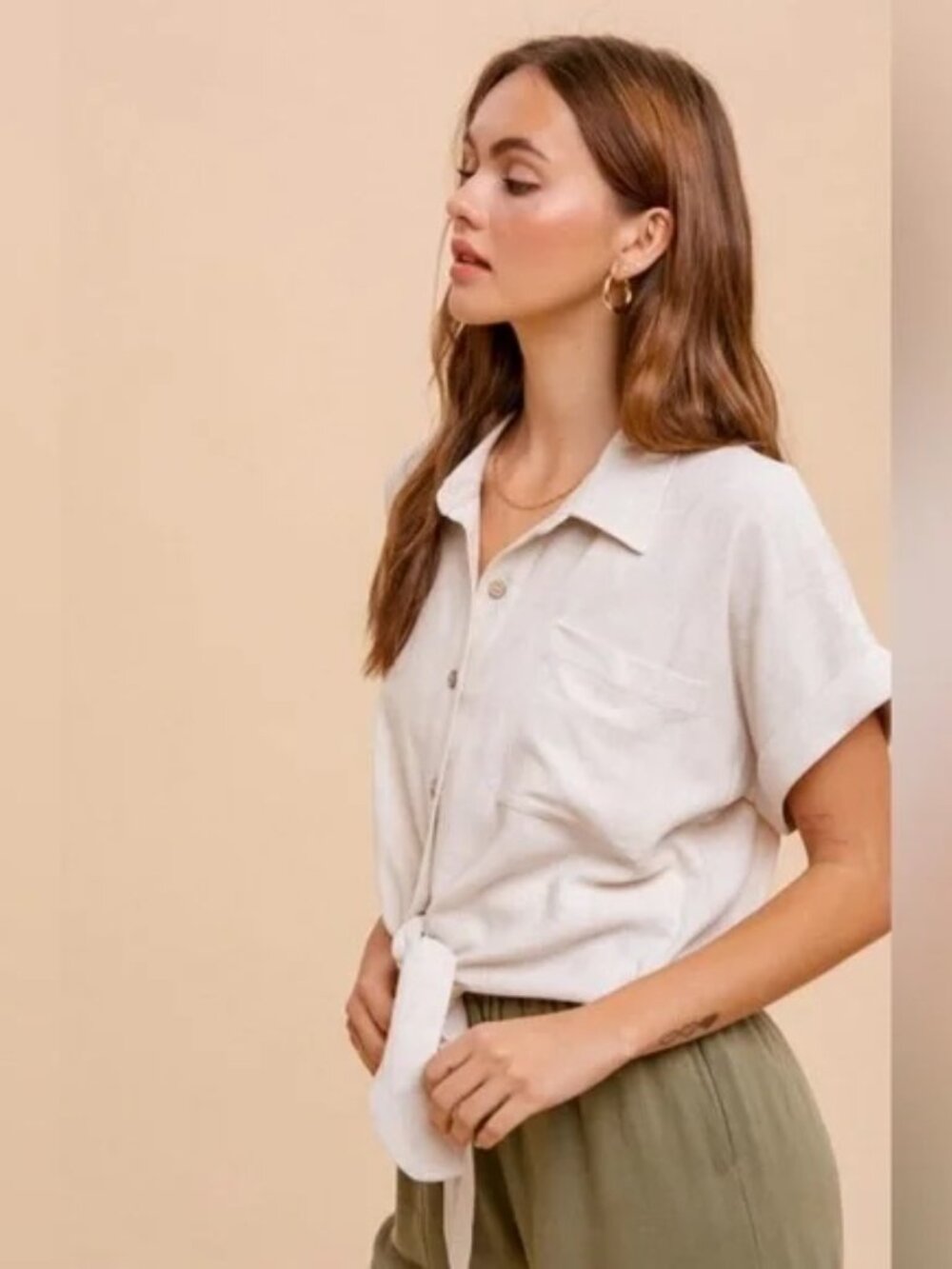Button Down Tie-Front Blouse - Picture 2 of 3